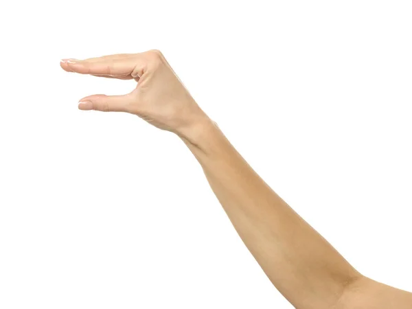Colher Segurar Agarrar Alcançar Mão Mulher Com Gesto Manicure Francês — Fotografia de Stock