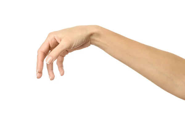 手挑取 抓住或伸出手 女人的手与法国修指甲的姿势隔离在白色背景 系列的一部分 — 图库照片