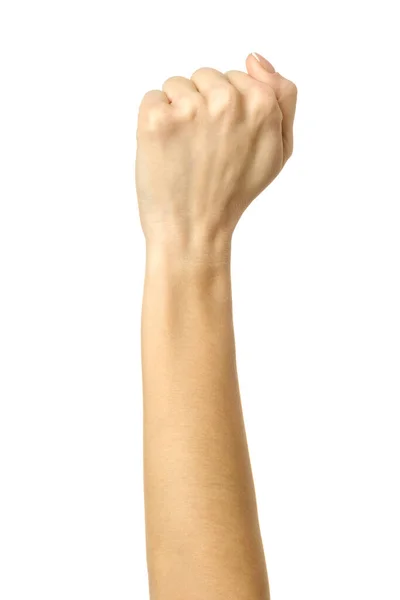 Ręka Zaciśnięta Pięścią Pionowy Obraz Kobieta Ręka Francuskim Manicure Gestykulując — Zdjęcie stockowe