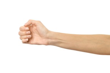 Parmak uzanıyor ya da kaşınıyor. Beyaz arka planda izole edilmiş Fransız manikürlü kadın eli. Dizinin bir parçası