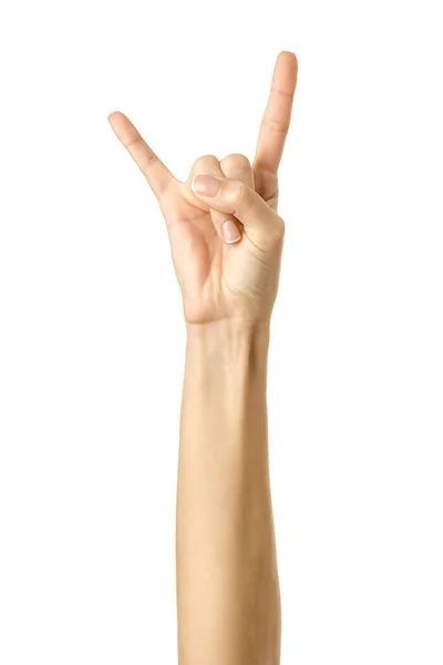 Rock Roll Woman Hand French Manicure Gesturing Isolated White Background — Stock Photo, Image