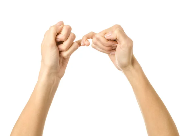 Dedos Pequenos Segurarem Mão Mulher Com Gesto Manicure Francês Isolado — Fotografia de Stock