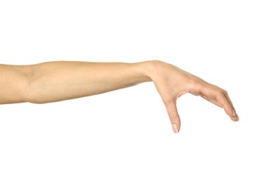 El pençe, el ele tutuşmak, kavramak ya da uzanmak. Beyaz arka planda izole edilmiş Fransız manikürlü kadın eli. Dizinin bir parçası