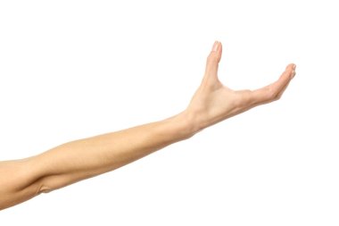 Vermek, uzanmak ya da el ele tutuşmak. Beyaz arka planda izole edilmiş Fransız manikürlü kadın eli. Dizinin bir parçası