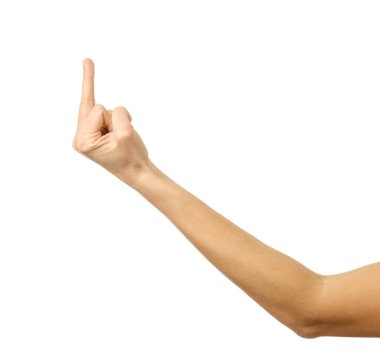 Orta parmak hareketi. Beyaz arka planda izole edilmiş Fransız manikürlü kadın eli. Dizinin bir parçası