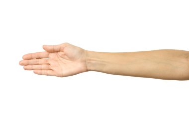 El sıkışmak için el sıkışmak. Beyaz arka planda izole edilmiş Fransız manikürlü kadın eli. Dizinin bir parçası