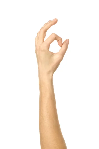 Εντάξει Σημάδι Γυναικείο Χέρι Γαλλικό Μανικιούρ Gesturing Απομονώνονται Λευκό Φόντο — Φωτογραφία Αρχείου