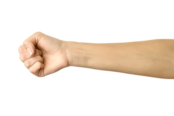 Ręka Zaciśnięta Pięścią Poziomy Obraz Kobieta Ręka Francuskim Manicure Gestykulując — Zdjęcie stockowe