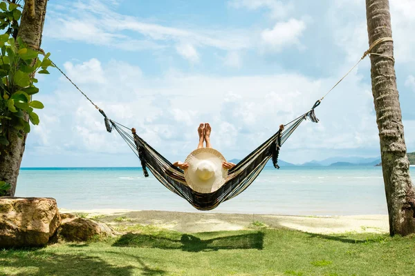 Summer Vacations Concept Happy Woman Black Bikini Relaxing Hammock Tropical Royalty Free Stock Images