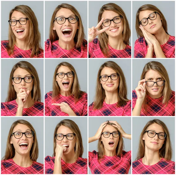 Set Beautiful Girl Red Dress Different Facial Expressions Isolated Royalty Free Stock Images