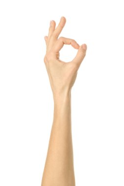 Tamam imzala. Beyaz arka planda izole edilmiş Fransız manikürlü kadın eli. Dizinin bir parçası