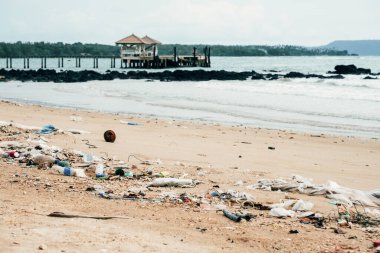 Plaj kirliliği. Plastik şişeler ve sahildeki diğer çöpler. Ekolojik sorun