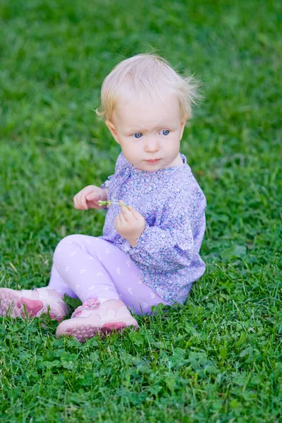Schattige babymeisje op weide — Stockfoto
