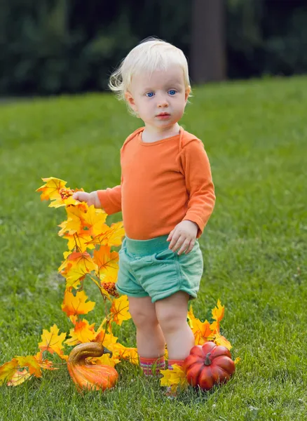 Funny baby met pumpkins halloween — Stockfoto