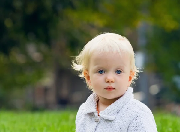 Blond baby op veld, zomer herfst vallen — Stockfoto