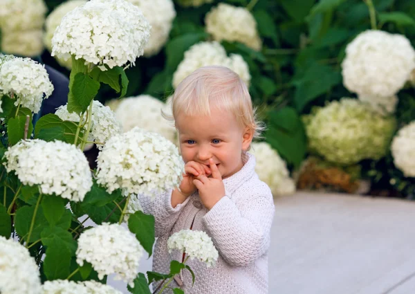 Criança feliz entre flores — Fotografia de Stock