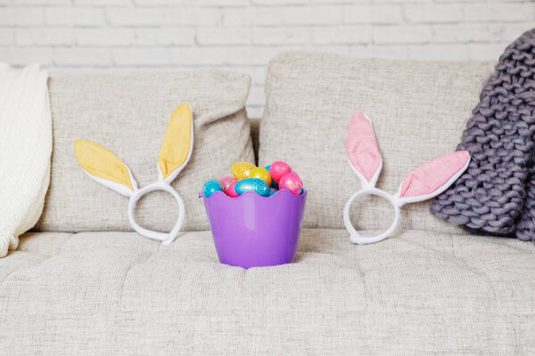 Basket Eggs Bunny Ears Headbands Couch Sofa Home Easter Spring Royalty Free Stock Photos