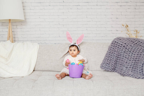 Cute Indian Baby Girl Pink Bunny Ears Basket Colorful Eggs Stock Photo