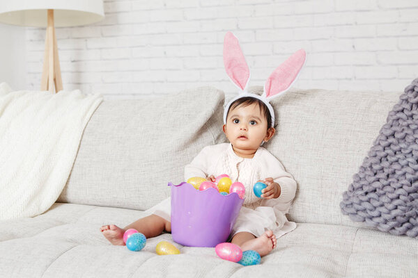 Cute Indian Baby Girl Pink Bunny Ears Basket Colorful Eggs Stock Photo