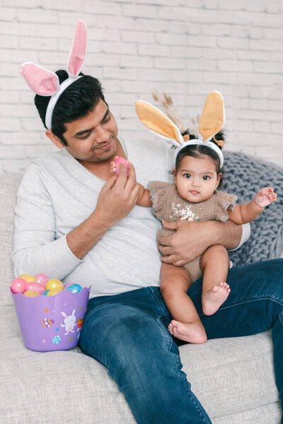 Indian Father Baby Girl Daughter Bunny Ears Playing Toy Eggs Royalty Free Stock Images