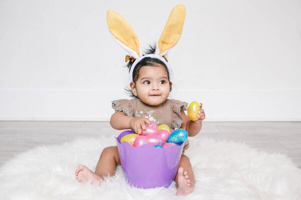 Cute Indian Baby Girl Pink Bunny Ears Basket Colorful Eggs Royalty Free Stock Photos