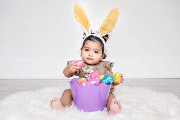 Cute Indian Baby Girl Pink Bunny Ears Basket Colorful Eggs Royalty Free Stock Photos