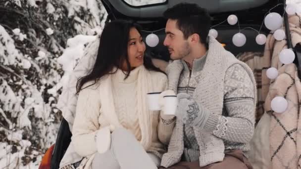 Χαριτωμένο ζευγάρι έχοντας χειμώνα δάσος πικνίκ πίνοντας τσάι από το φλιτζάνι τσάι. Πικνίκ της φύσης. Ερωτική ιστορία Ημερομηνία στο αυτοκίνητο. — Αρχείο Βίντεο