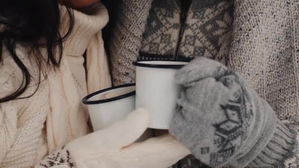 Χαριτωμένο ζευγάρι έχοντας χειμώνα δάσος πικνίκ πίνοντας τσάι από το φλιτζάνι τσάι. Πικνίκ της φύσης. Ραντεβού αγάπης στο αυτοκίνητο. Χέρια κοντά — Αρχείο Βίντεο