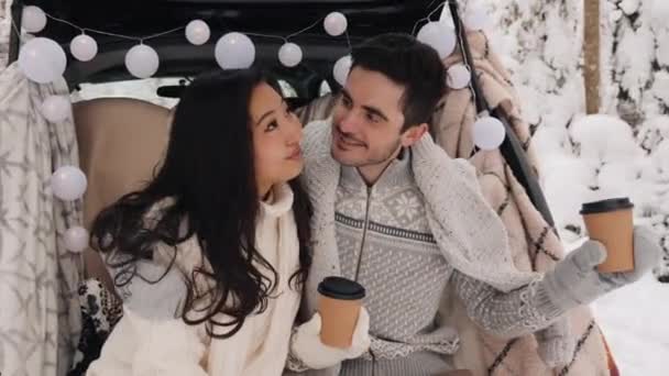 Χαριτωμένο ζευγάρι έχοντας χειμώνα δάσος πικνίκ πίνοντας τσάι από το τσάι Take Away Cup. Πικνίκ της φύσης. Ερωτική ιστορία Ημερομηνία στο αυτοκίνητο. — Αρχείο Βίντεο