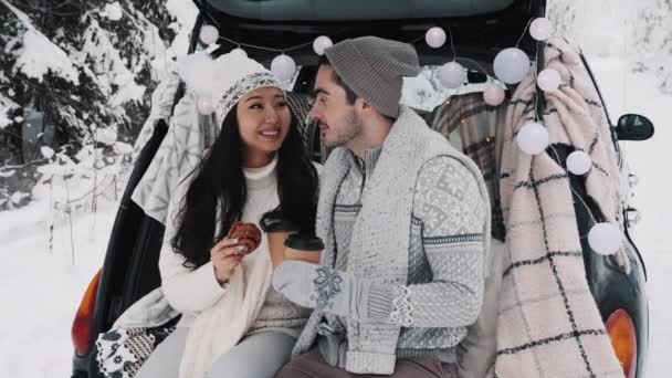 Cute Couple With Winter Forest Picnic Drinking Tea from Tea Take Away Cup Природний пікнік. Історія кохання датується автомобілем. — стокове відео
