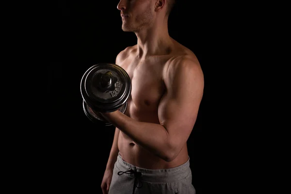 Man Pumping Biceps with Dumbbell Topless. Sprotsman Doing Traning on Biceps Muscles. Gym, Lifting Sport Concept. Close Up — Stock Photo, Image