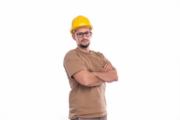 Byggare händer korsade isolerad. Man byggnadsarbetare händer Crossed Builder Concept. — Stockfoto