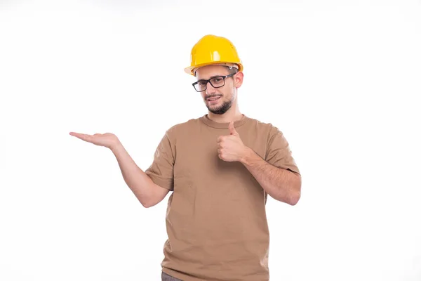 Builder Holding Hand to Side Show Thumb Up Isolated. Знак строителя. Реклама, Коммерческая, Бизнес-концепция — стоковое фото
