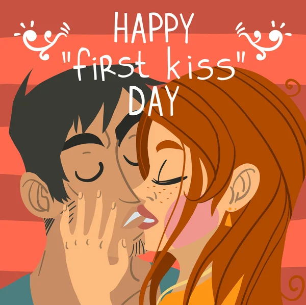 "Καλή ημέρα για το πρώτο φιλί "ευχετήρια κάρτα. — Διανυσματικό Αρχείο