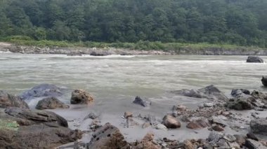 Rishikesh Uttarakhand yakınlarındaki GOA plajında sabah manzarası, sabahın erken saatlerinde Rishikesh 'teki Ganga nehrinin temiz manzarası, dünyaca ünlü GANGA nehri tam görüş açısı