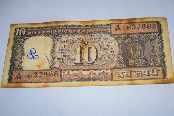 Rare Old Indian Ten Rupee Currency Note White Background Government — Foto de Stock