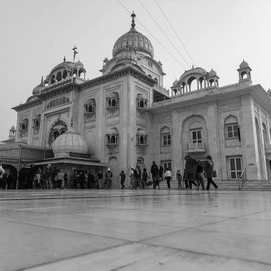Gurdwara Bangla Sahib Sih Gurudwara, Bangla Sahib Gurudwara Yeni Delhi, Hindistan, Sih Cemaati gurudwara Bangla Sahib görünümlü Siyah ve Beyaz