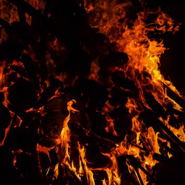 Siyah arka planda yangın alevleri, alev alev dokusu arka planda, güzel bir şekilde, ateş yanıyor, odun ve inek gübresiyle ateş.