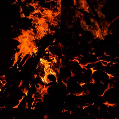 Siyah arka planda yangın alevleri, alev alev dokusu arka planda, güzel bir şekilde, ateş yanıyor, odun ve inek gübresiyle ateş.