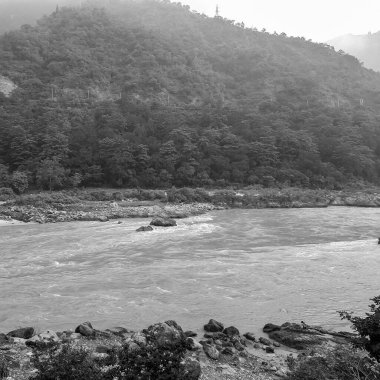 Rishikesh Uttarakhand yakınlarındaki GOA plajında sabah manzarası, sabahın erken saatlerinde Rishikesh 'teki Ganga nehrinin temiz manzarası, Dünyaca ünlü GANGA nehri tamamen siyah ve beyaz manzaralı