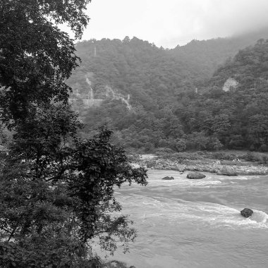 Rishikesh Uttarakhand yakınlarındaki GOA plajında sabah manzarası, sabahın erken saatlerinde Rishikesh 'teki Ganga nehrinin temiz manzarası, Dünyaca ünlü GANGA nehri tamamen siyah ve beyaz manzaralı