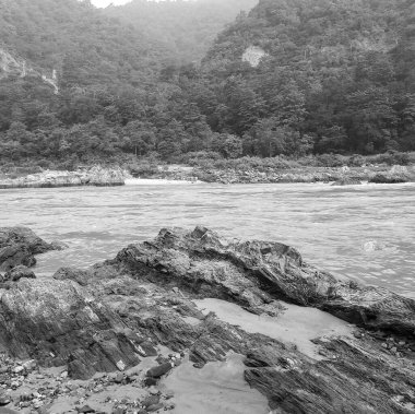 Rishikesh Uttarakhand yakınlarındaki GOA plajında sabah manzarası, sabahın erken saatlerinde Rishikesh 'teki Ganga nehrinin temiz manzarası, Dünyaca ünlü GANGA nehri tamamen siyah ve beyaz manzaralı