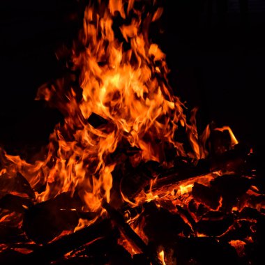 Alevler siyah arka planda, Alevler alev alev dokusu arka planda, güzel bir şekilde, ateş yanıyor, odun ve inek kakasıyla alevler