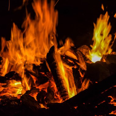 Alevler siyah arka planda, Alevler alev alev dokusu arka planda, güzel bir şekilde, ateş yanıyor, odun ve inek kakasıyla alevler