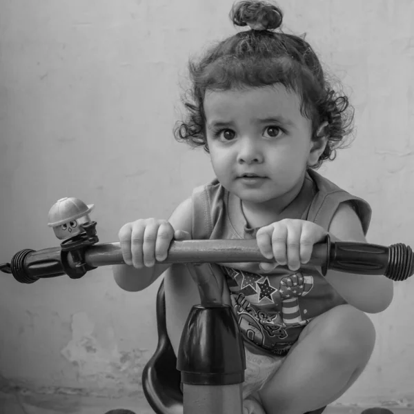 Cute Little Boy Shivaay Driving Cycle Home Balcony Summer Time — стоковое фото