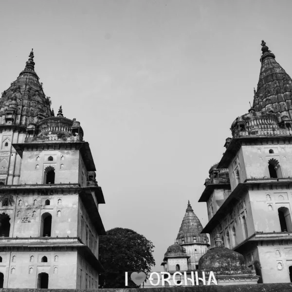 Morning View of Royal Cenotaphs (Chhatris) of Orchha, Madhya Pradesh, India, Orchha the lost city of India, Indian archaeological sites Black and White