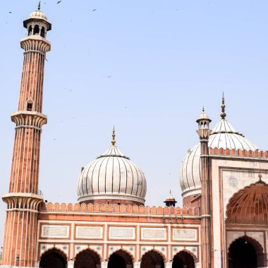 Delhi 'deki Büyük Cuma Camii' nin (Jama Mescid) muhteşem mimarisi Ramzan mevsiminde, Hindistan 'ın en önemli camii, Jama Mescidi Camii, Eski Delhi 6, Hindistan