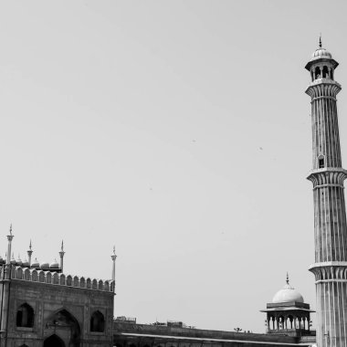 Delhi 'deki Büyük Cuma Camii' nin (Jama Mescid) muhteşem mimarisi Ramzan mevsiminde, Hindistan 'ın en önemli camii, Jama Mescid Camii, Eski Delhi 6, Hindistan Siyah ve Beyaz