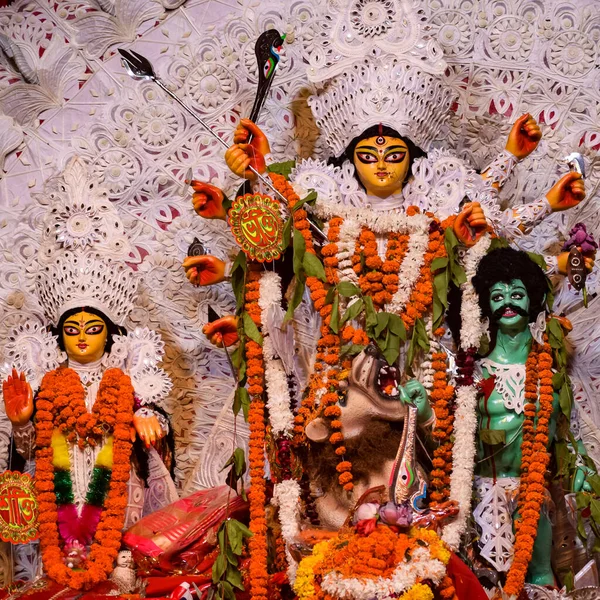 Gudinnan Durga Med Traditionell Look Närbild South Kolkata Durga Puja — Stockfoto