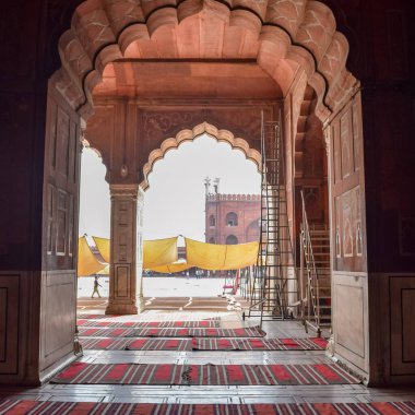 Jama Mescidi Camii 'nin mimari detayları, Eski Delhi, Hindistan, Büyük Cuma Camii' nin (Jama Mescid) muhteşem mimarisi, Hindistan 'ın en önemli camii olan Ramzan sezonu sırasında Delhi 6.
